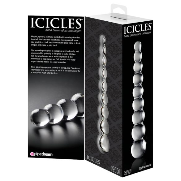 Icicles No. 2 - stekleni dildo z reliefnimi kroglami - prozoren