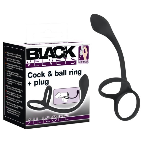 Black Velvets - tanek analni dildo s penis in moda prstanom - črna
