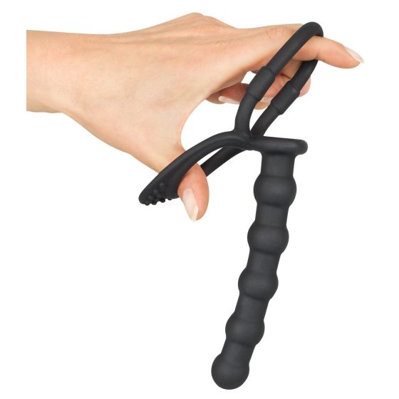 Black Velvet - obroček za moda in penis z analnim dildom (črn)