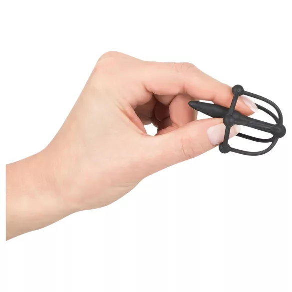 Penisplug - silikonska kletka za glavico z dilatorjem - črna