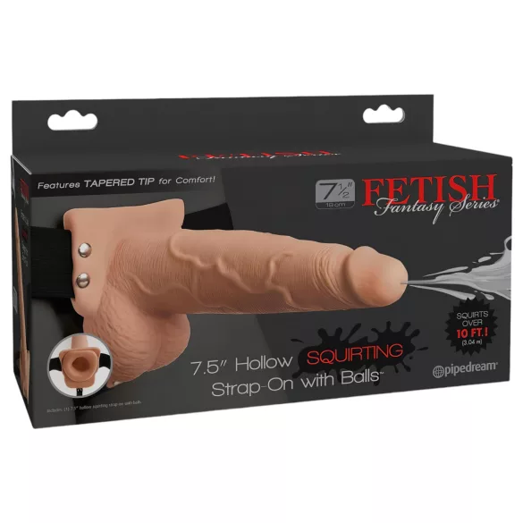 Fetish Strap-On - dildo za pripenjanje s špricanjem - naravna barva - 19 cm
