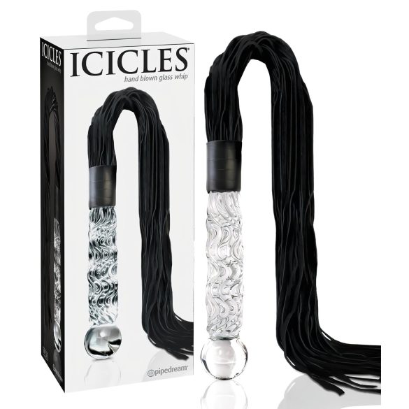 Icicles No. 38 - usnjeni bič z dildo iz stekla (prosojno-črn)