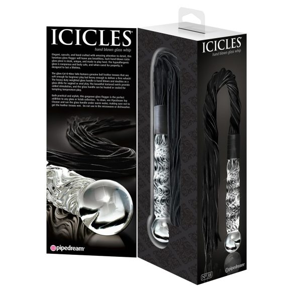 Icicles No. 38 - usnjeni bič z dildo iz stekla (prosojno-črn)