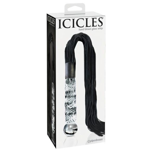 Icicles No. 38 - usnjeni bič z dildo iz stekla (prosojno-črn)