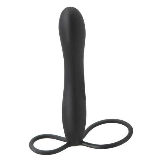 Fetiš Dvojne težave - obroček za moda in penis z analnim dildom (črn)