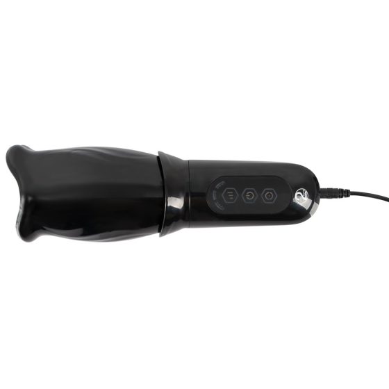 STROKER Rotating - rotirajoči masturbator z umetnimi ustnicami, ki deluje na baterije (črn)