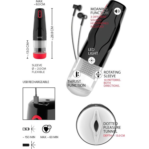 WYNE 05 - moški masturbator z rotacijo - polnilna baterija - črno-bel