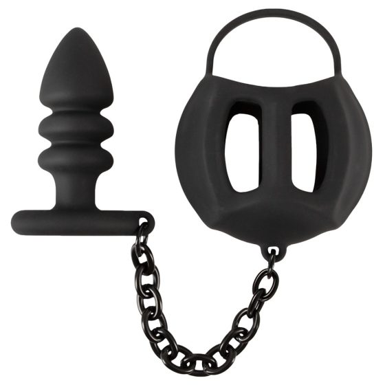 Black Velvet - silikonska kletka za penis z analnim dildom (črna)