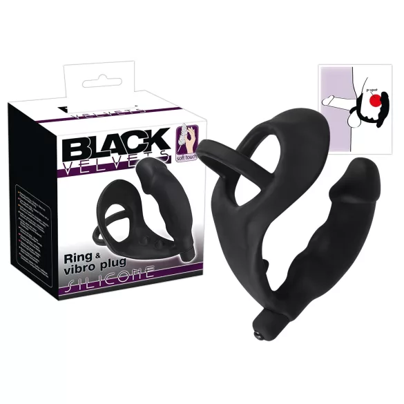 Black Velvets - analni vibrator s penisnim in testisnim obročkom - črn