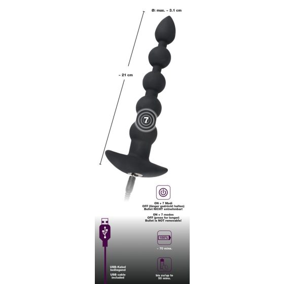 Black Velvet - analni vibrator s 5 kroglicami za polnjenje (črn)