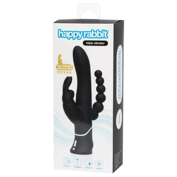 Happyrabbit Triple - vibrator za klitoris in anal z ročajem - polnilen, črn