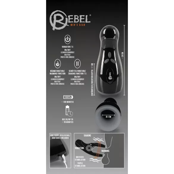 Rebel - moški masturbator z gretjem in vibracijami - premikajoč se gor-dol