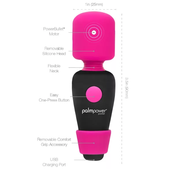 PalmPower Pocket Wand - mini vibrator - masažer - roza-črna