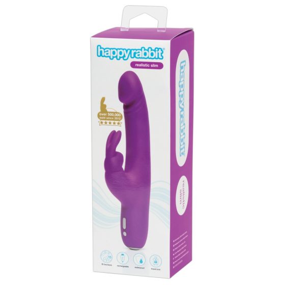 Happyrabbit Realistic Slim - vodoodporen vibrator s paličico za polnjenje (vijolična)