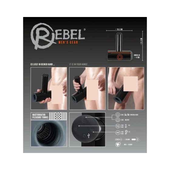 Rebel - vibracijski masturbator za polnjenje, navzgor in navzdol (črn)