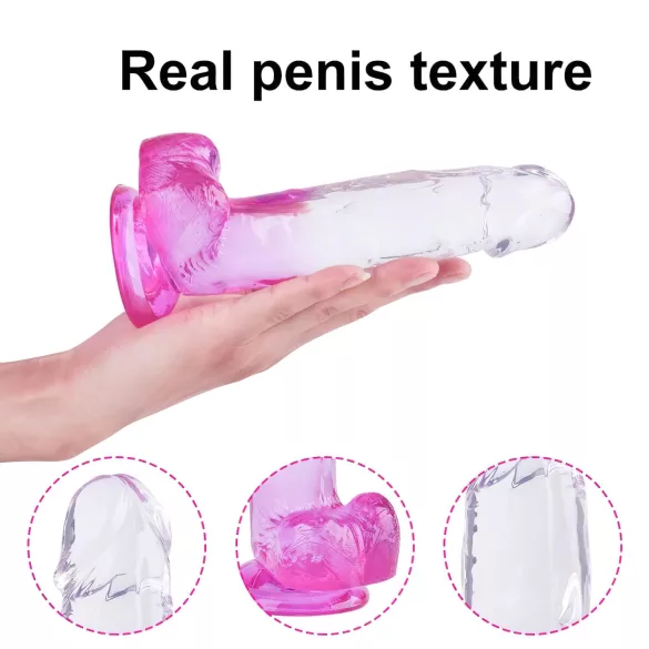 Sunfo - dildo s modom za prisesanje in testisi - 22 cm - prozorno vijolična
