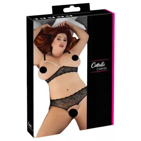 Cottelli Plus Size - komplet perilo z biseri - črna