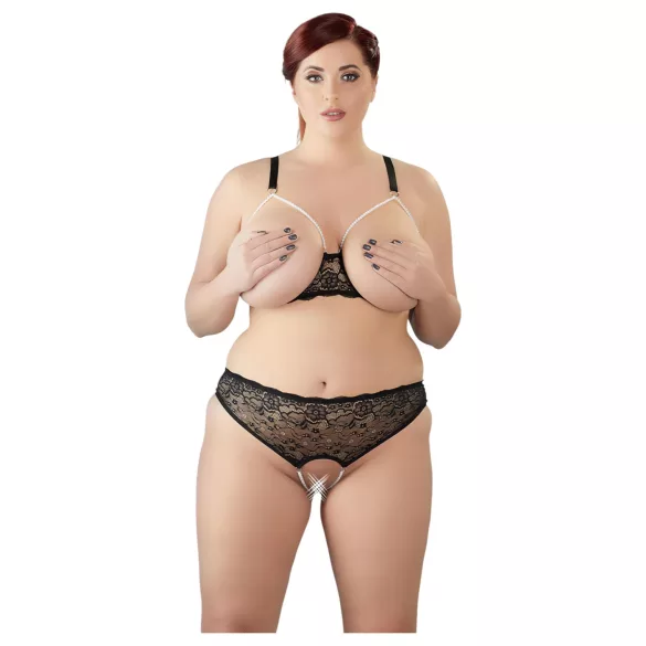 Cottelli Plus Size - komplet perilo z biseri - črna