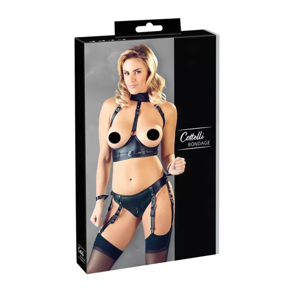 Cottelli Bondage - komplet za dvig prsi z lisicami - sijajna črna