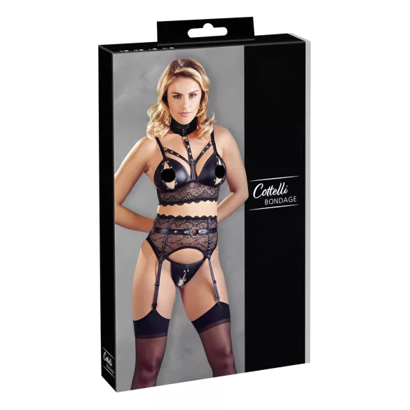 Cottelli Bondage - čipkasti perilo komplet z lisicami - črna - M