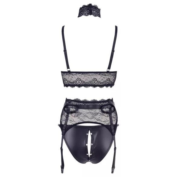 Cottelli Bondage - čipkasti perilo komplet z lisicami - črna - M