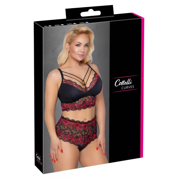 Cottelli Curvies - cvetlični čipkasti komplet spodnjega perila (črn) - 2XL