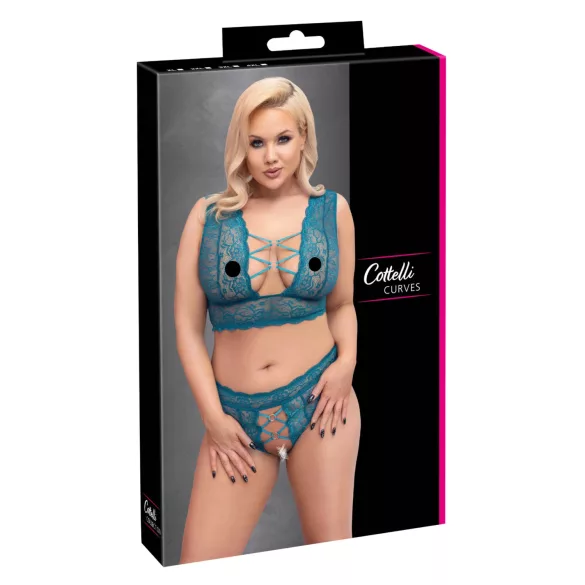 Cottelli Curves - čipkast komplet perila s steznikom (moder) - 2XL