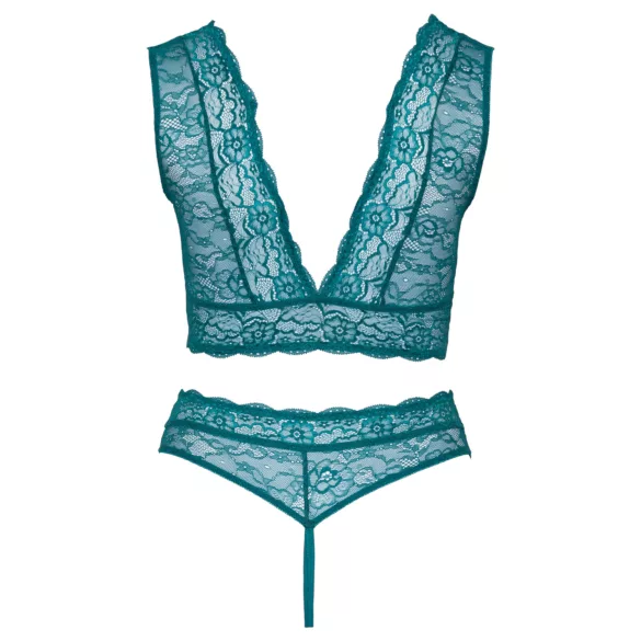 Cottelli Curves - čipkast komplet perila s steznikom (moder) - 2XL