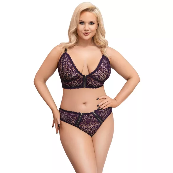 Cottelli Plus Size - prosojen vzorčast modrček set (vijolična) - 2XL