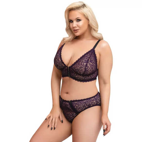 Cottelli Plus Size - prosojen vzorčast modrček set (vijolična) - 2XL