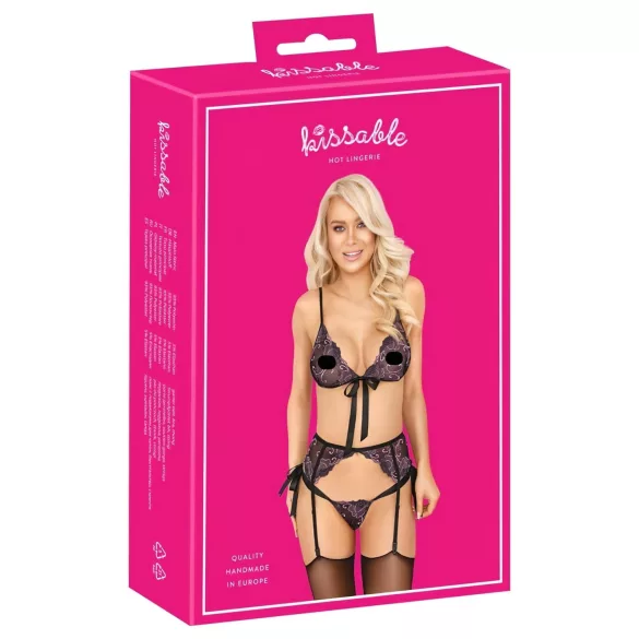 Kissable - črni nedrček set s pink-lila vezenjem