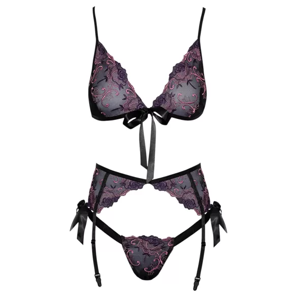 Kissable - črni nedrček set s pink-lila vezenjem