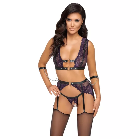 Cottelli Bondage - perilo set in zapestnice (črno-vijolična) - XL