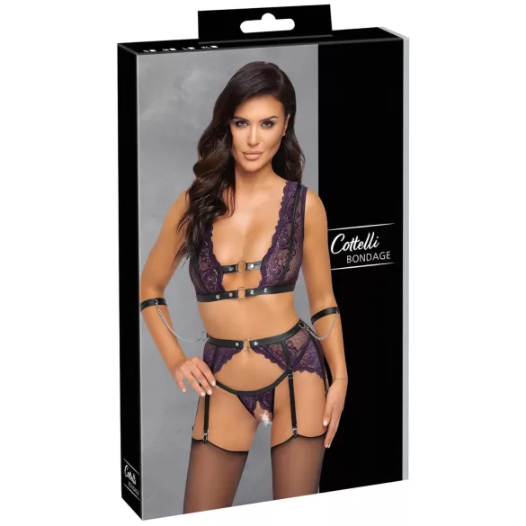 Cottelli Bondage - perilo set in zapestnice (črno-vijolična) - XL