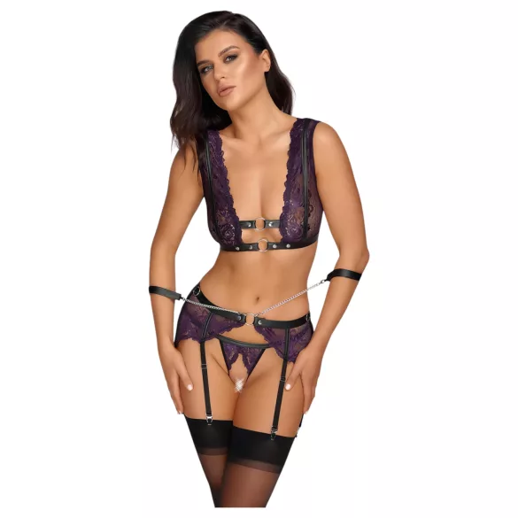 Cottelli Bondage - perilo set in zapestnice (črno-vijolična) - XL
