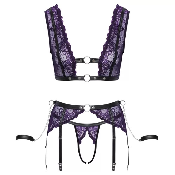 Cottelli Bondage - perilo set in zapestnice (črno-vijolična) - XL