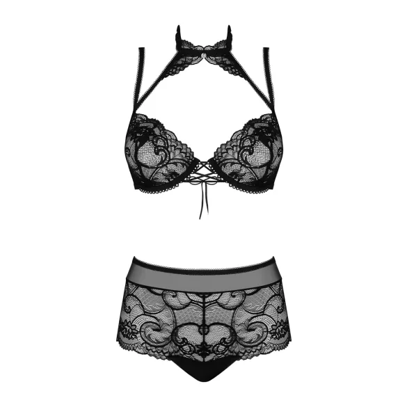 Obsessive Elizenes - vzorčast, prozoren nedrček set (črna) - L/XL