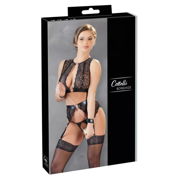 Cottelli Bondage - čipkasti erotični komplet spodnjega perila - 4-delni set - M