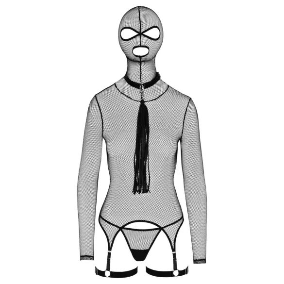 Bad Kitty - BDSM komplet iz prosojne mreže s bičem - črna - L