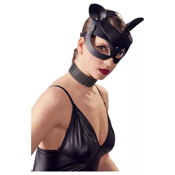 Bad Kitty - mačja maska iz umetnega usnja s kristali - črna (S-L)