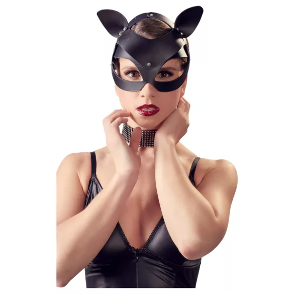Bad Kitty - mačja maska iz umetnega usnja s kristali - črna (S-L)