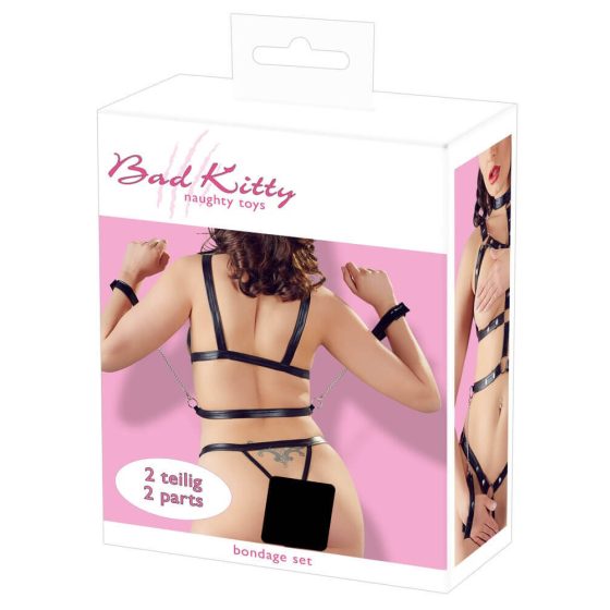 Bad Kitty - komplet pasov za telo z bodicami in ročnimi okovi (črna) - L/XL