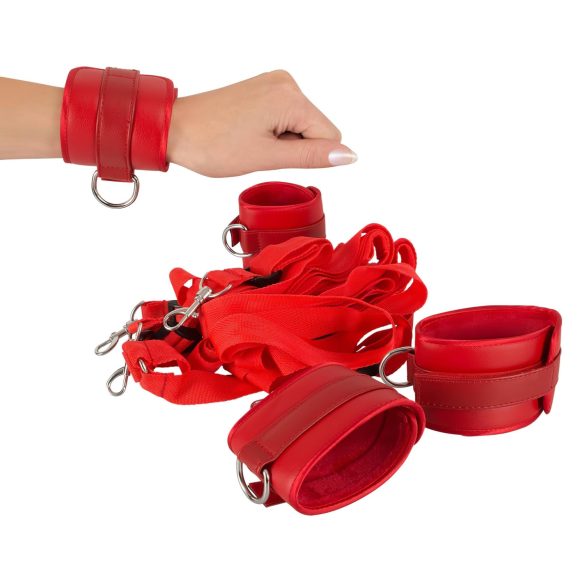 Bad Kitty - komplet za privezovanje na posteljo - umetno usnje - rdeča