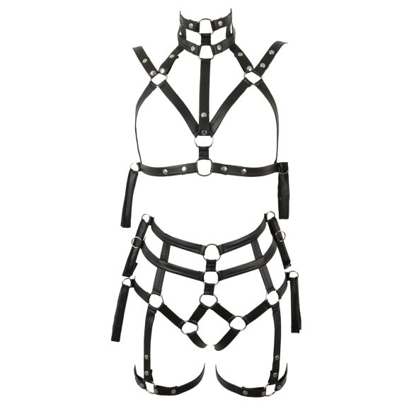 Bad Kitty - set črnega bondage nedrčka in oprsnega traku - L/XL