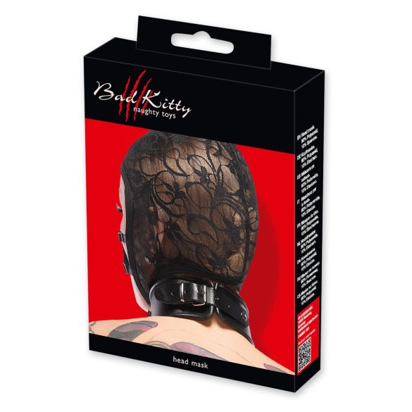 Bad Kitty - čipkasta, trakasta maska za glavo (črna)