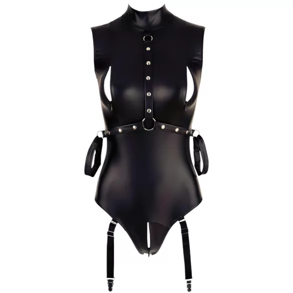Cottelli Bondage - erotični body brez rokavov - sijoč - z lisicami za roke - črn - M