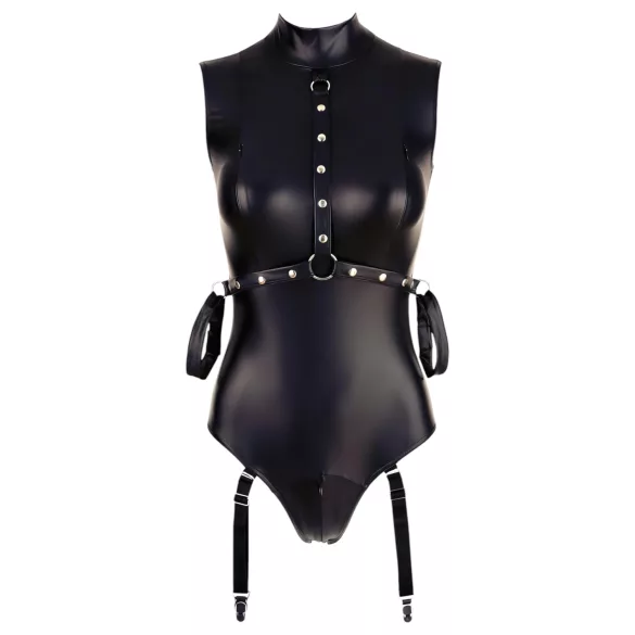 Cottelli Bondage - erotični body brez rokavov - sijoč - z lisicami za roke - črn - L
