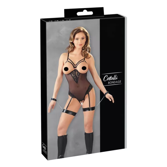 Cottelli Bondage - body z obročem in lisicami za roke - črna - L