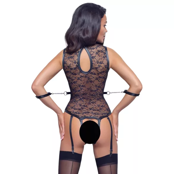 Cottelli Bondage - čipkast bodi s trakovi - črna - L