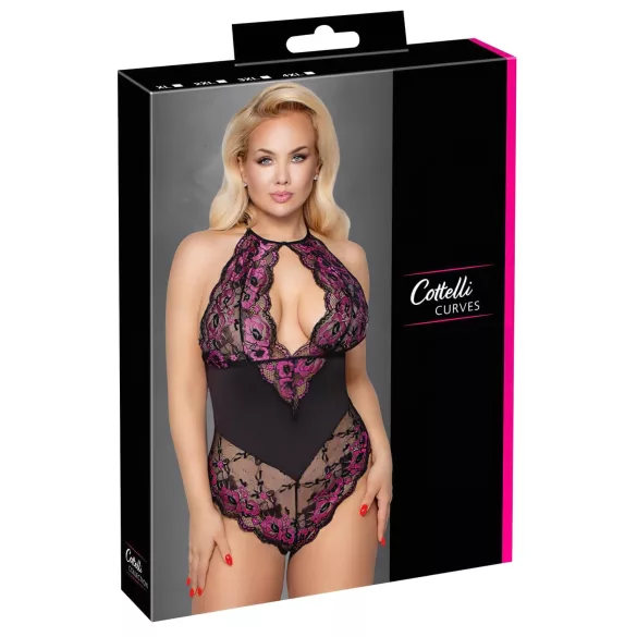 Cottelli Plus Size - body z rožastim vzorcem - črno-vijoličen